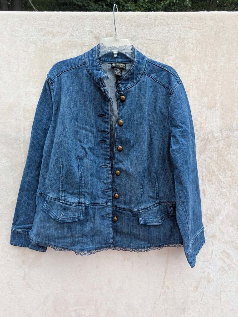 Style & Co Woman Denim Jacket Size 16W Blue Ruffle Collar Button Front